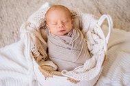 Newborn im Körbchen beim Fotoshooting